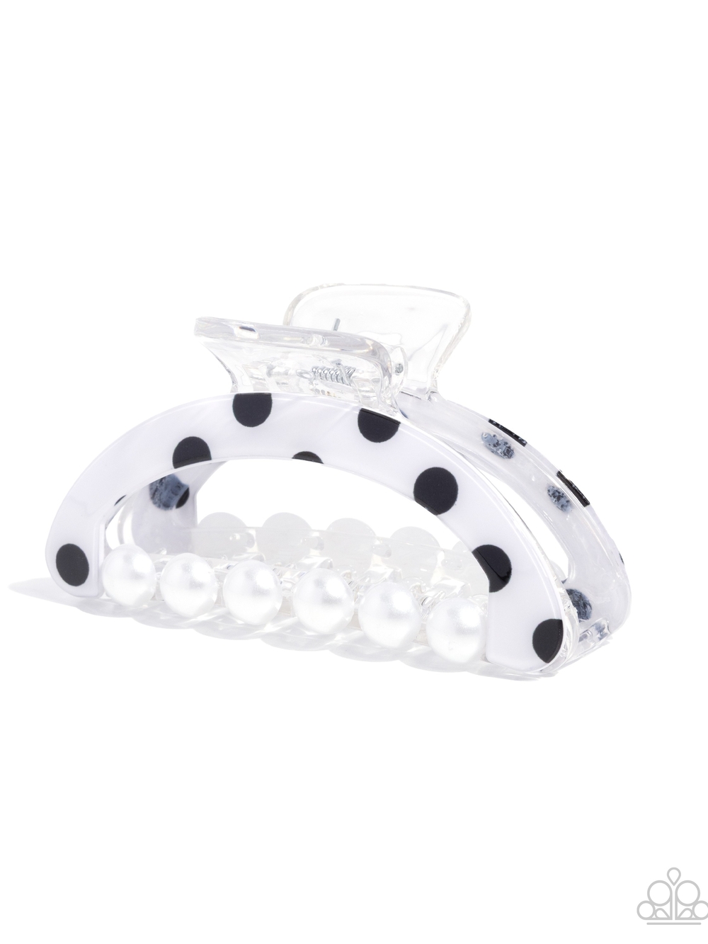 Debonair Paparazzi White & Black Polka Dot Pearl Accent Hair Claw